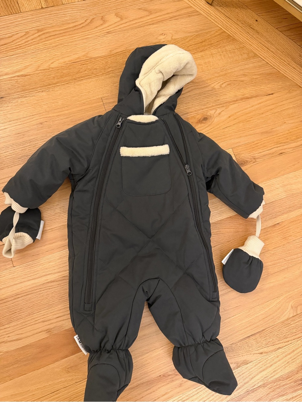 Infant Hooded One-Piece Footie in Dark Gray with Cream Trim